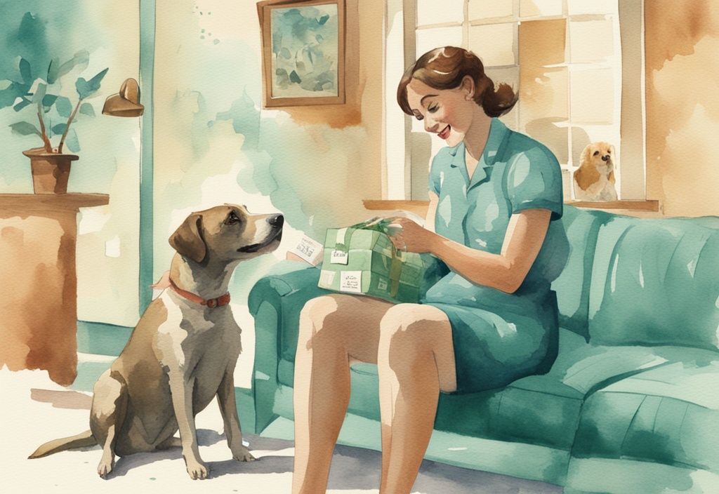 Vintage watercolor illustration of a concerned pet owner holding Cytopoint package with a happy, healthy dog playing in the background, teal color theme