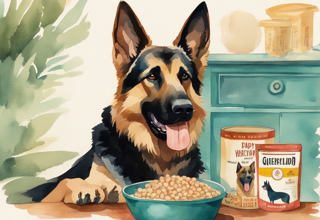 Vintage watercolor illustration of a happy German Shepherd with a bowl of high-quality dog food, teal color theme