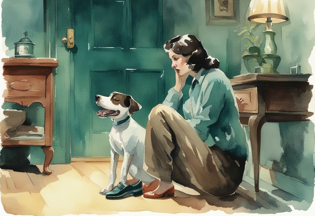 Vintage watercolor illustration of a worried dog owner observing her dog panting heavily at night, with a teal color theme.