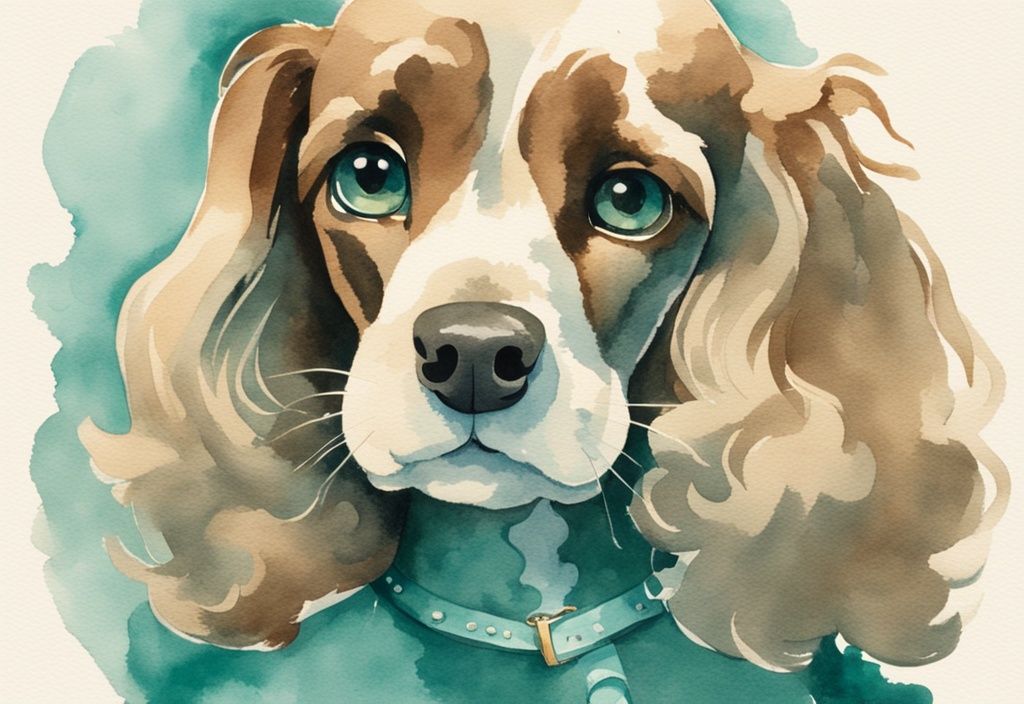 Vintage watercolor illustration of Lady, the American Cocker Spaniel from Lady and the Tramp, featuring teal color theme, long ears, wavy fur, and expressive eyes.