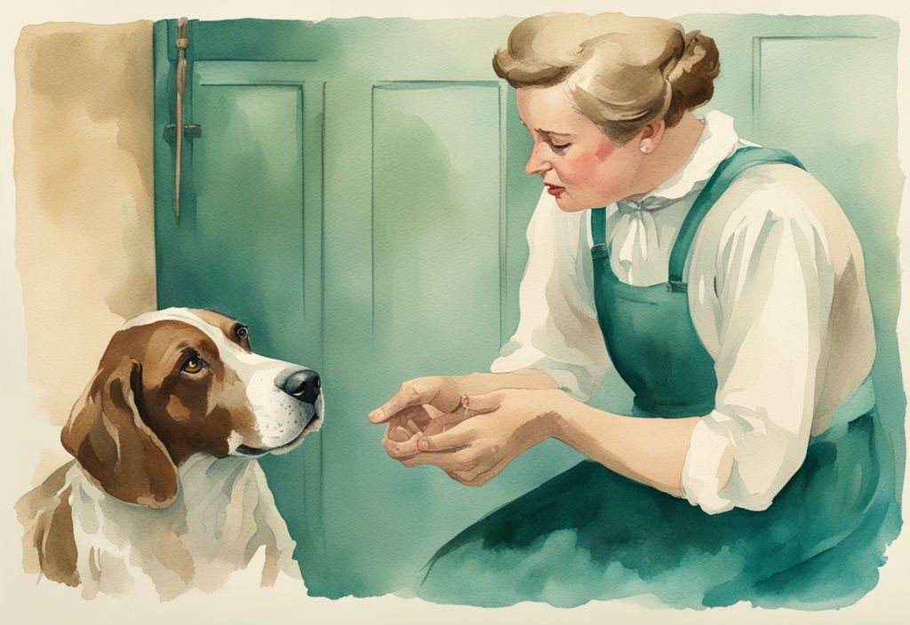 Vintage watercolor illustration of a concerned owner with a distressed dog, highlighting intestinal blockage, teal color theme.