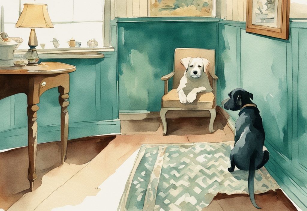 Vintage watercolor illustration of a frightened dog in teal-themed room with concerned owner in background.