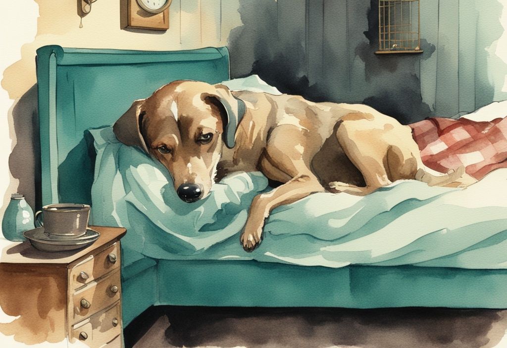 Vintage watercolor illustration of a worried owner observing their dog panting heavily in bed at night, highlighting the question: why is my dog panting at night.