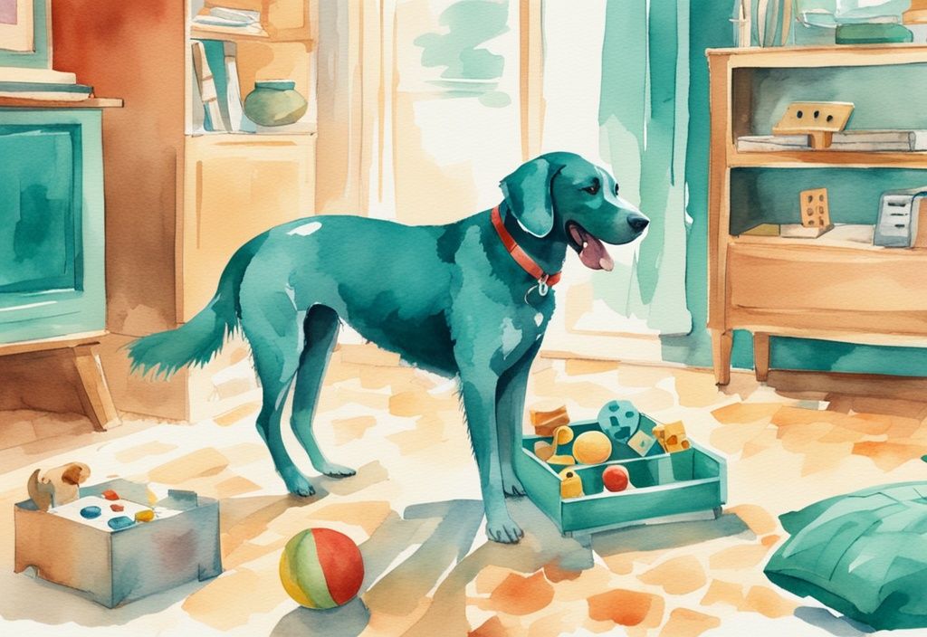 Vintage watercolor illustration of a playful dog with interactive toys in a teal-themed living room setting.