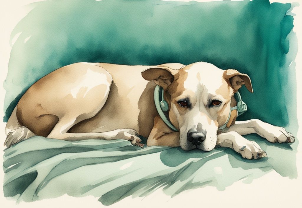 Vintage watercolor illustration of a teal-themed dog post-surgery, showcasing a calm canine with a well-bandaged hip area, highlighting FHO surgery dog recovery.