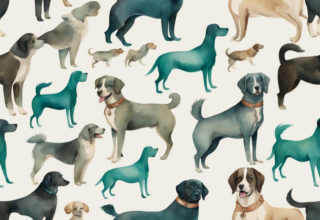 Vintage watercolor illustration of various dog breeds parading in a line, featuring a teal color theme.