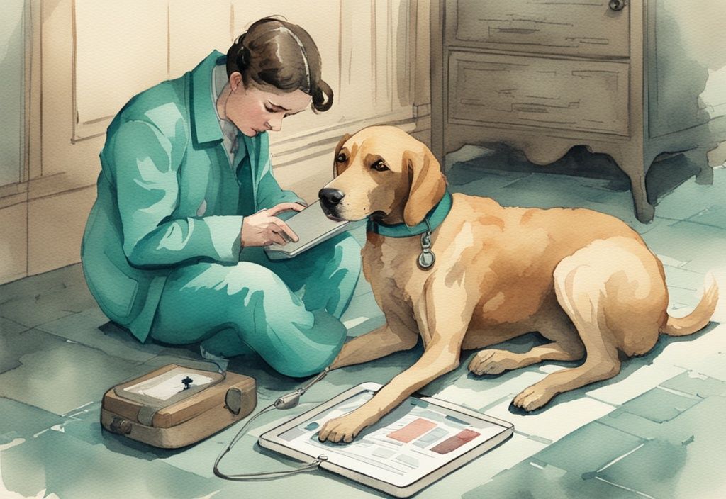 Vintage watercolor illustration of a distressed dog owner using a tablet medical guide, with a sad, inactive dog on the ground, teal color theme.