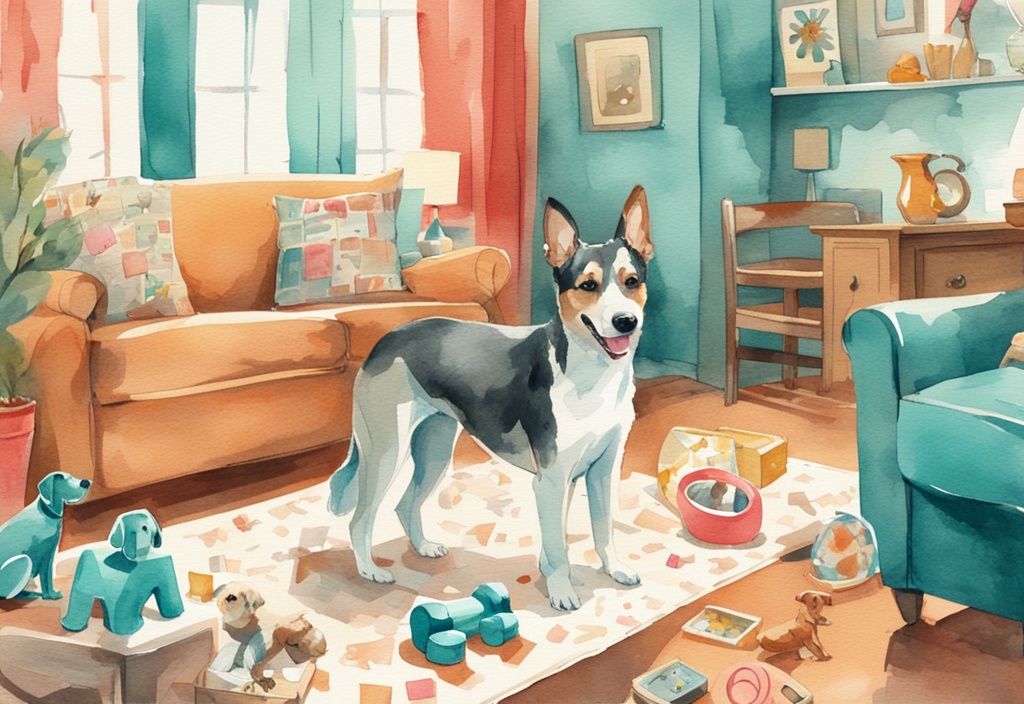 Vintage watercolor illustration of a playful dog with interactive toys and treat-filled puzzles in a vibrant teal-themed living room.