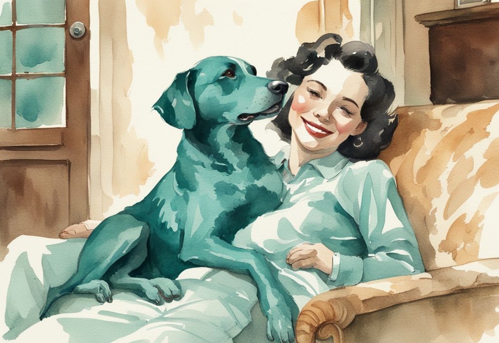 Vintage watercolor illustration of a playful dog chewing a bone on owner's lap, teal color theme.