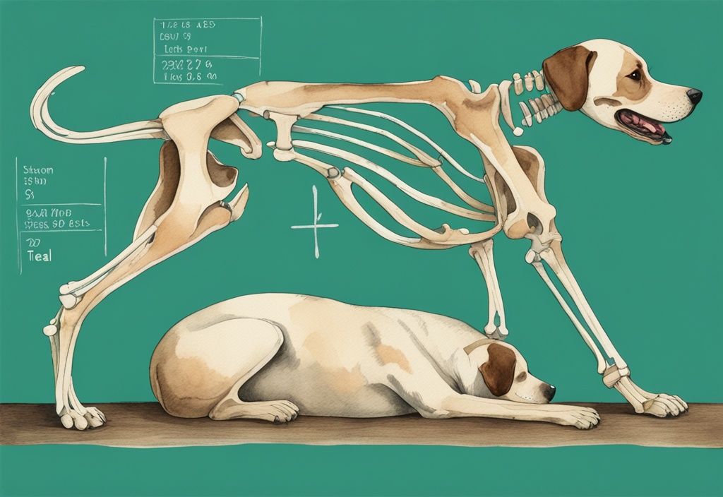 Vintage watercolor illustration of a teal-themed dog with labeled skeletal diagram, highlighting total number of bones in a dog's body.