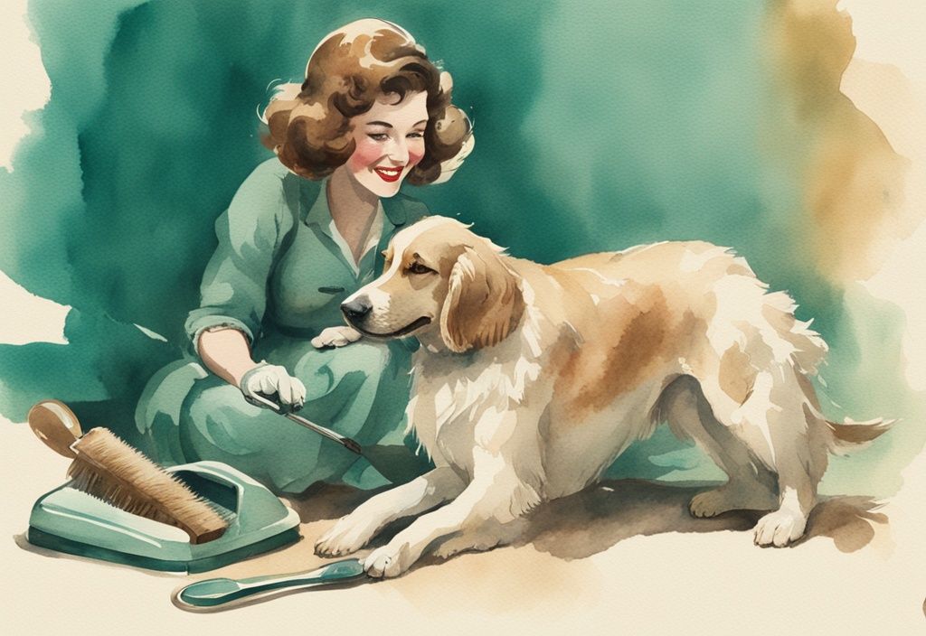 Vintage watercolor illustration of a dog enjoying grooming with a brush, showcasing how to stop dog shedding home remedy in a teal-themed artwork.