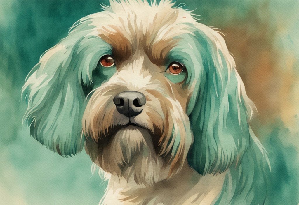 Vintage watercolor illustration of a dog with ringworm, highlighting circular patches of hair loss and red, irritated skin, answering the question: what does ringworm look like on a dog.