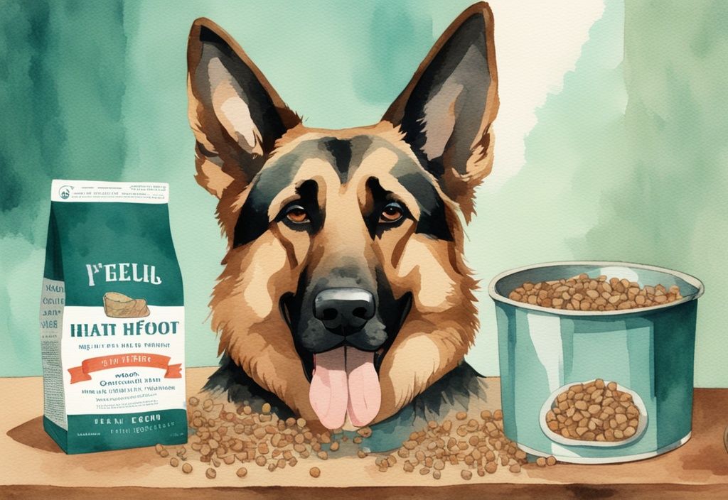 Vintage watercolor illustration of a healthy German Shepherd beside a bowl of high-quality dog food, with a teal color theme.