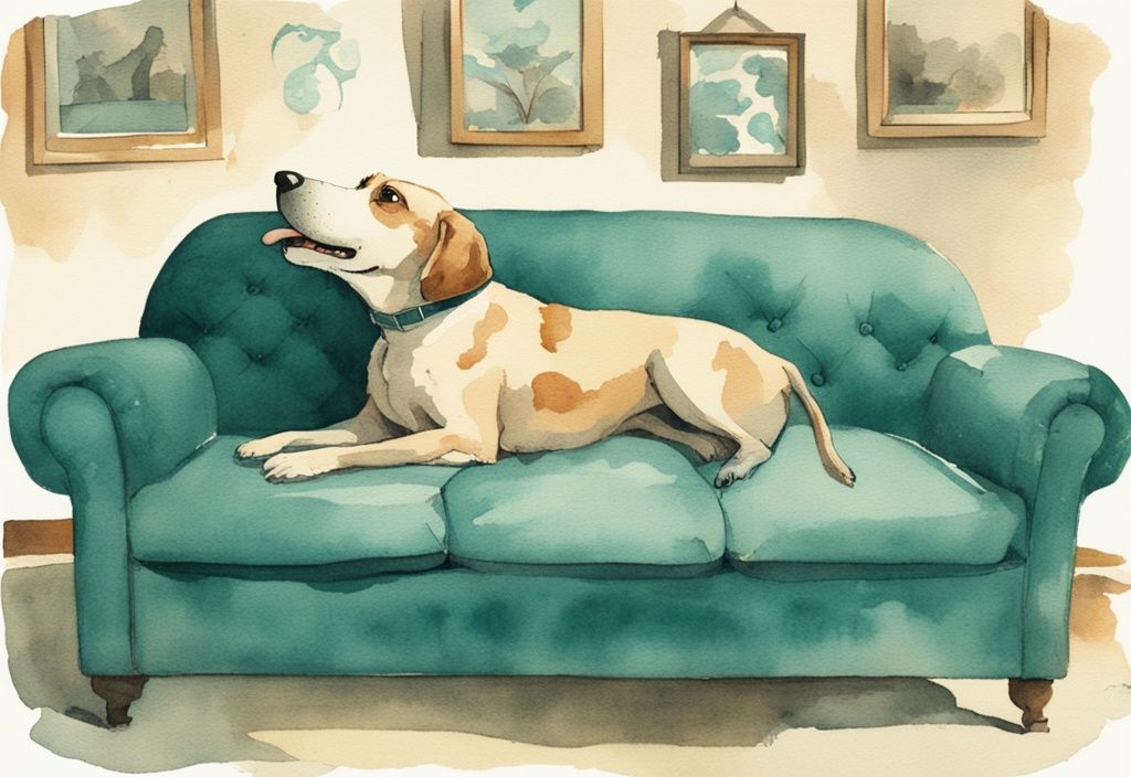 Vintage watercolor illustration of a teal-themed curious dog licking a couch with a thought bubble above its head.