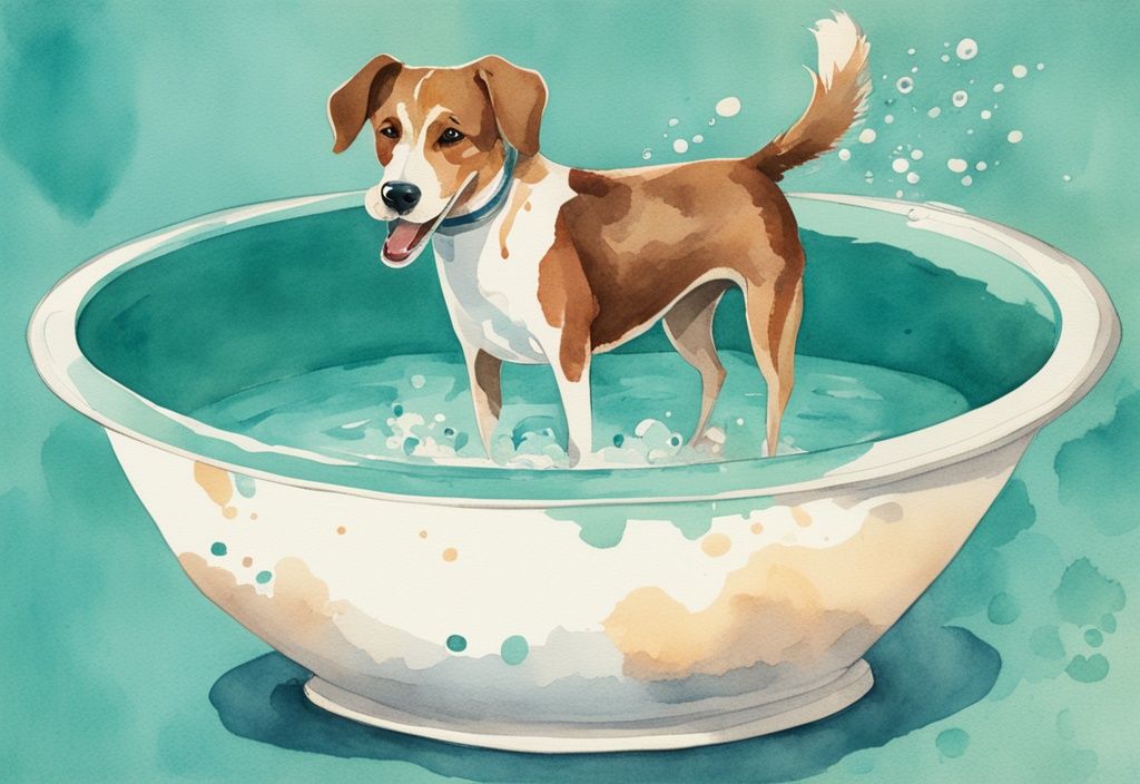 Vintage watercolor illustration of a playful dog drinking from a teal-themed water bowl with colorful electrolytes.