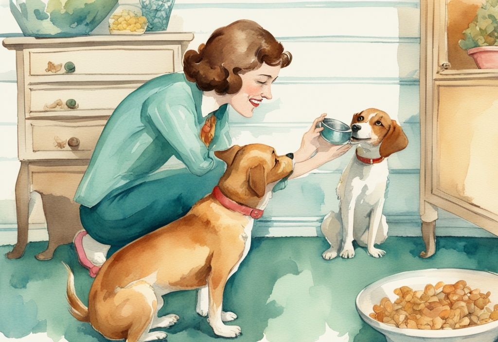 Vintage watercolor illustration of a perplexed dog owner wondering "why is my dog so dumb" as their happy pet chews an upside-down food bowl in a whimsical scene.