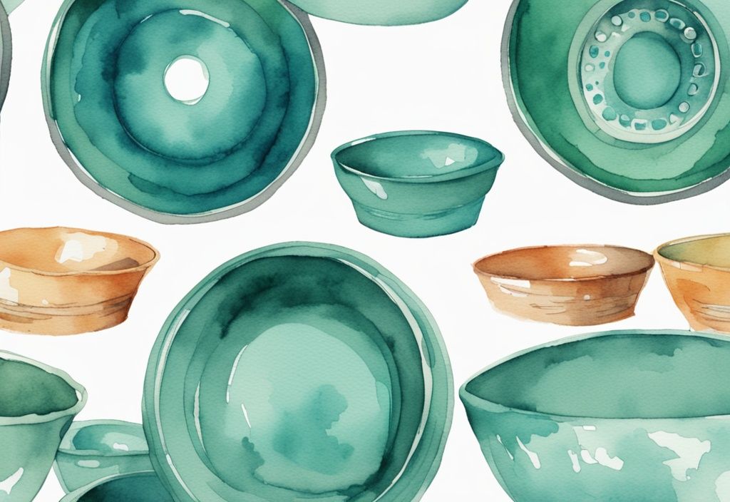 Vintage watercolor illustration of the best 10 raised dog bowls in teal, showcasing unique styles and heights.