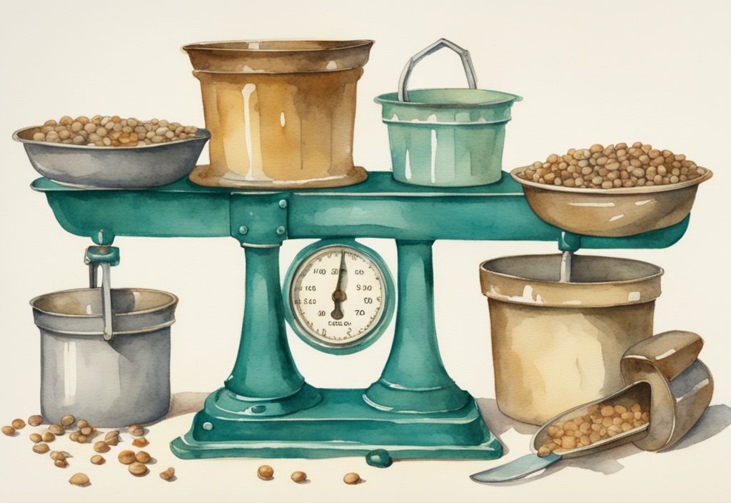 Vintage watercolor illustration of a teal-themed balance scale with a pound weight on one side and measuring cups of dog food on the other.