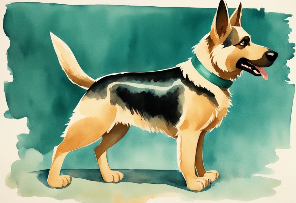 Vintage watercolor illustration of Bolt, the animated German Shepherd from Disney, showcasing his white fur, muscular build, and black collar; perfect for those wondering what kind of dog is Bolt.