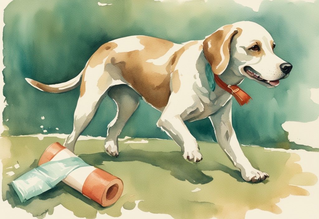 Vintage watercolor illustration of a joyful dog playing outdoors with a teal color theme, featuring a bandaged leg after a parvo shot.