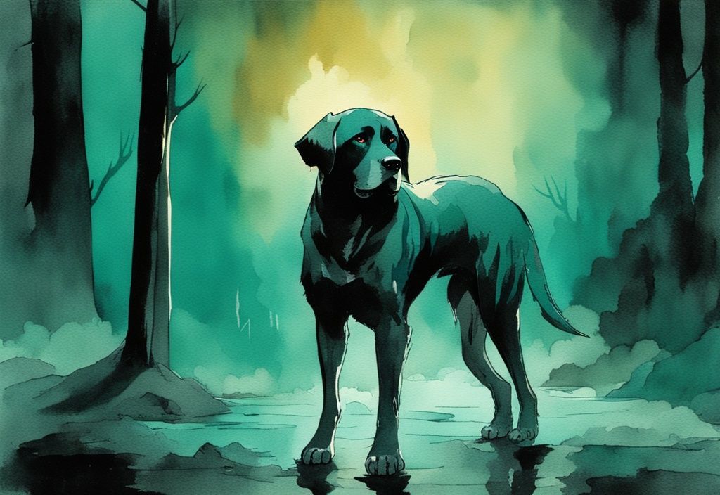 Vintage watercolor illustration of a menacing large breed dog with glowing eyes and bared teeth in a dimly lit setting, answering the question "what is the scariest dog".