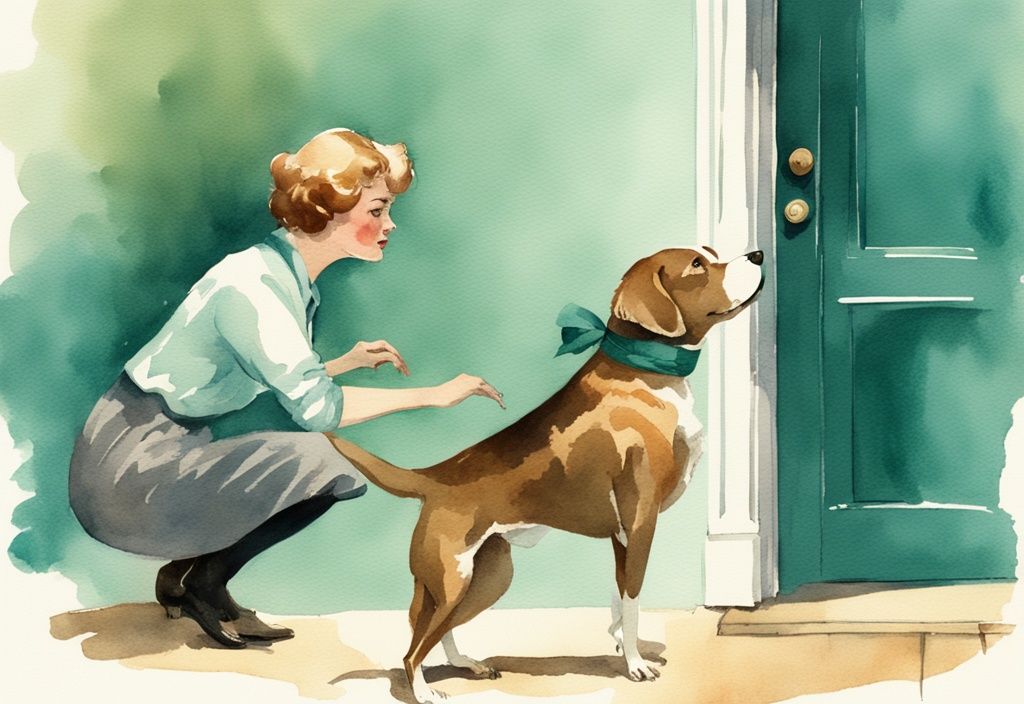 Vintage watercolor illustration of a worried dog owner watching their unstable, swaying dog, with a teal color theme.