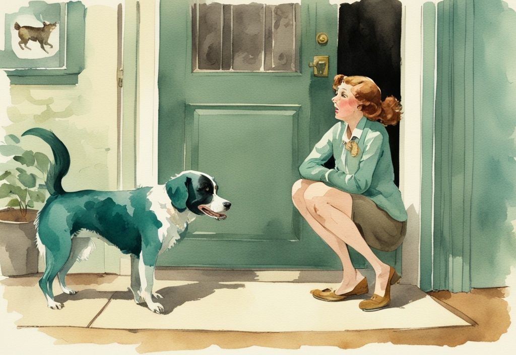 Vintage watercolor illustration of a worried dog owner watching their unstable, swaying pet; teal color theme.