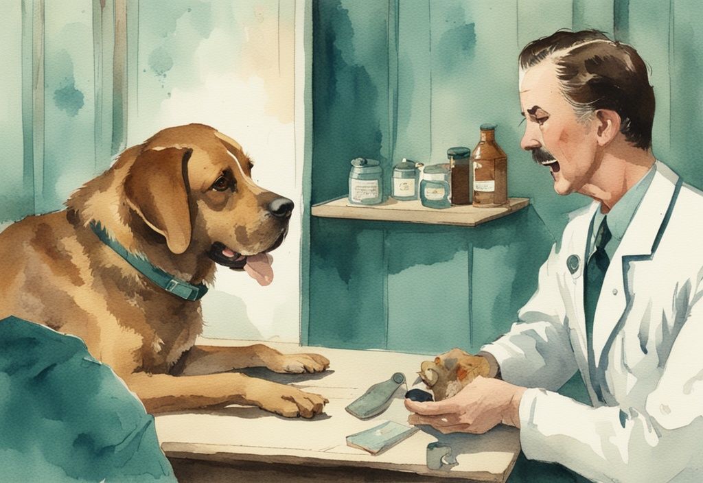 Vintage watercolor illustration of a distressed dog owner consulting a vet about dog's biting behavior, teal color theme.