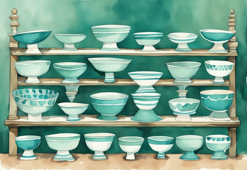 Vintage watercolor illustration of 10 stylish teal-themed raised dog bowls arranged for easy comparison.