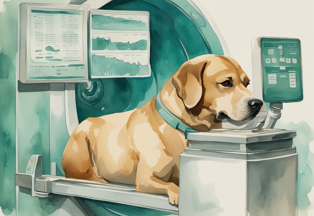 Vintage watercolor illustration of a dog inside a CT scanner with a price chart, highlighting the theme of "how much is a dog CT scan" in teal colors.