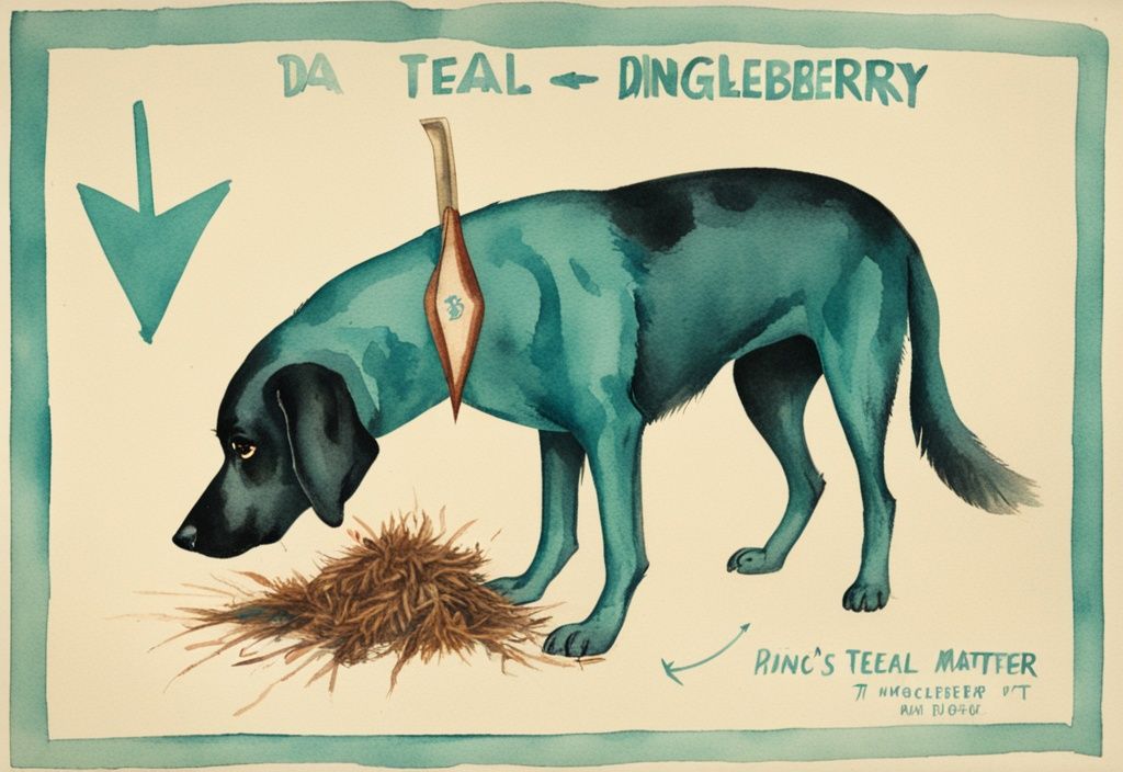 Vintage watercolor illustration of a dog's hind area with teal theme, highlighting a small clump of fur tangled with fecal matter, known as a dingleberry.