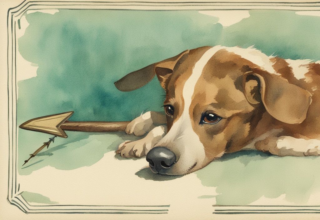 Vintage watercolor illustration of a dog's hind area with teal theme, highlighting a dingleberry with arrow and text bubble.