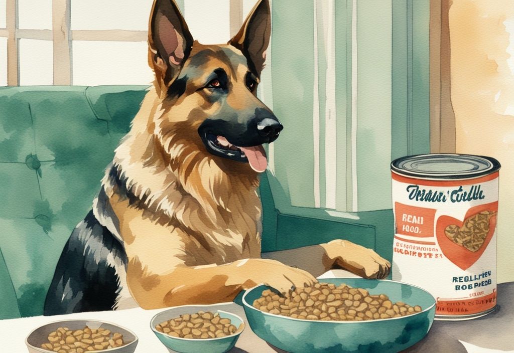 Vintage watercolor illustration of a German Shepherd eating from a bowl of best dog food for German Shepherds, with top-rated dog food brand packages in the background.