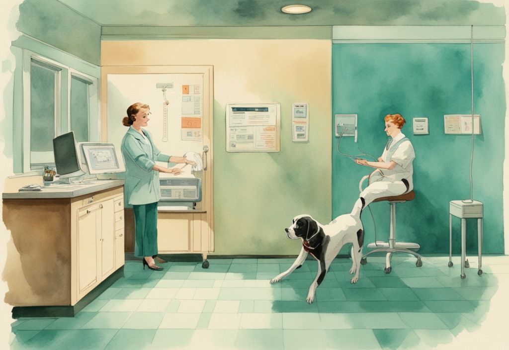 Vintage watercolor illustration of a vet clinic with a vet examining a CT scan on a monitor, a concerned pet owner, and a dog CT scan price chart on the wall, featuring a teal color theme.