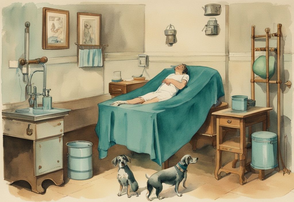 Vintage watercolor illustration of dog urethral prolapse home treatment in teal, showing resting dog, recommended equipment, and hands demonstrating gentle care.