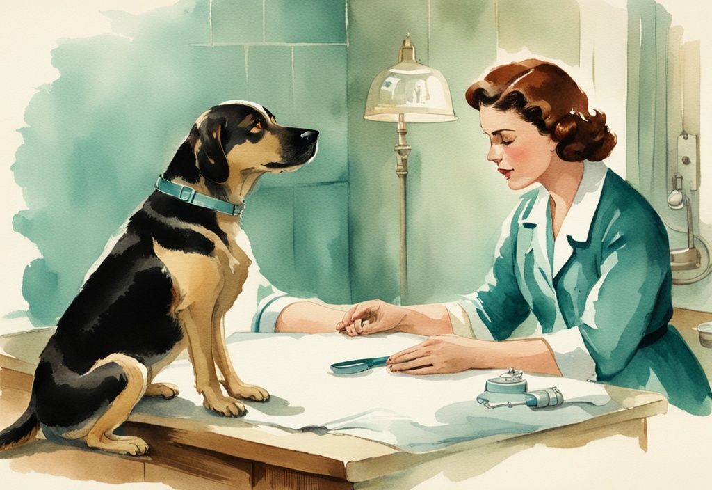 Vintage watercolor illustration of a compassionate veterinarian consulting a saddened dog owner about a sick dog on an examination table, with a teal color theme.