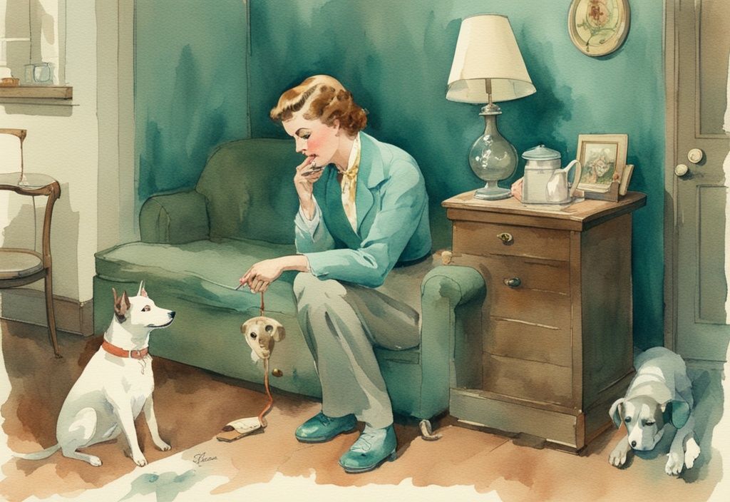 Vintage watercolor illustration of a concerned pet owner observing dog behaviors indicating neutering needs, teal color theme.