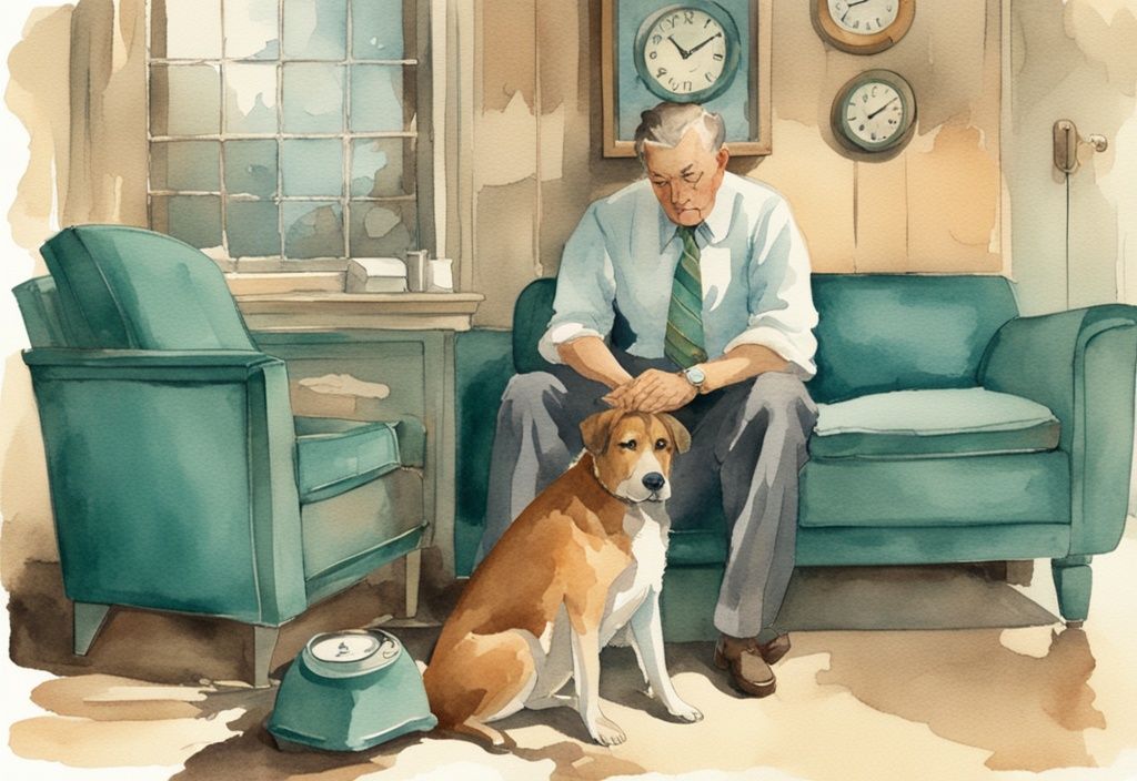 Vintage watercolor illustration of frustrated owner with dog in time out area, emphasizing waiting and discipline, teal color theme.