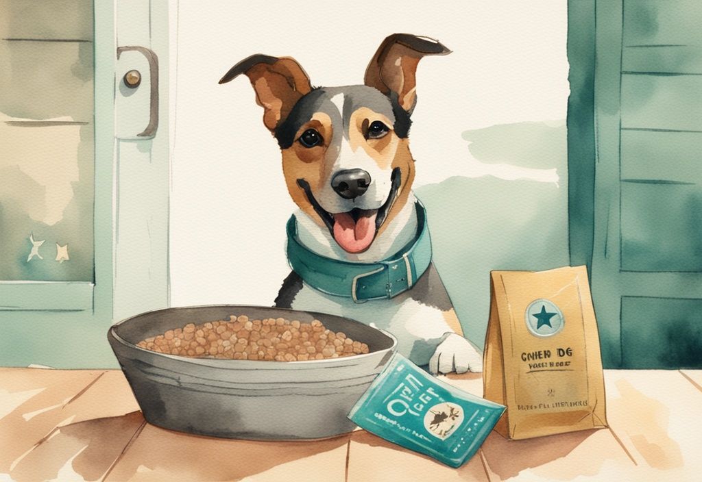 Vintage watercolor illustration featuring a happy dog chewing with an open bag of Open Farm dog food and a visible rating star card in the background, highlighting an Open Farm dog food review.