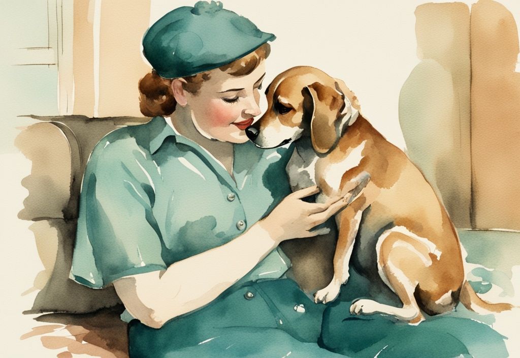 Vintage watercolor illustration of a teal-themed scene with a loyal dog cuddling and licking its owner's face.