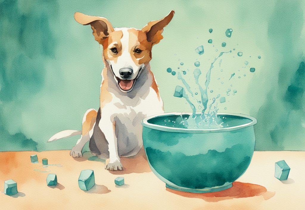 Vintage watercolor illustration of a playful dog drinking from a water bowl with colorful electrolyte graphics, main color theme teal.