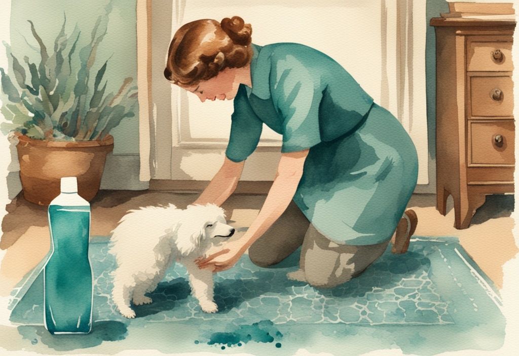 Vintage watercolor illustration of a person kneeling on a carpet with a fluffy dog, using natural cleaning products and a scrubbing brush, teal color theme.