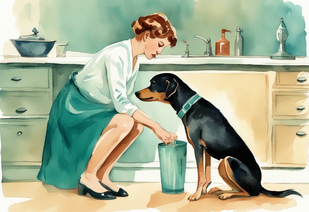 Vintage watercolor illustration of a distressed dog owner and nauseous dog after drinking water, teal color theme.