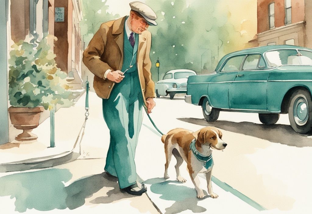 Vintage watercolor illustration of a responsible dog owner curbing a dog on a city sidewalk with a teal color theme.