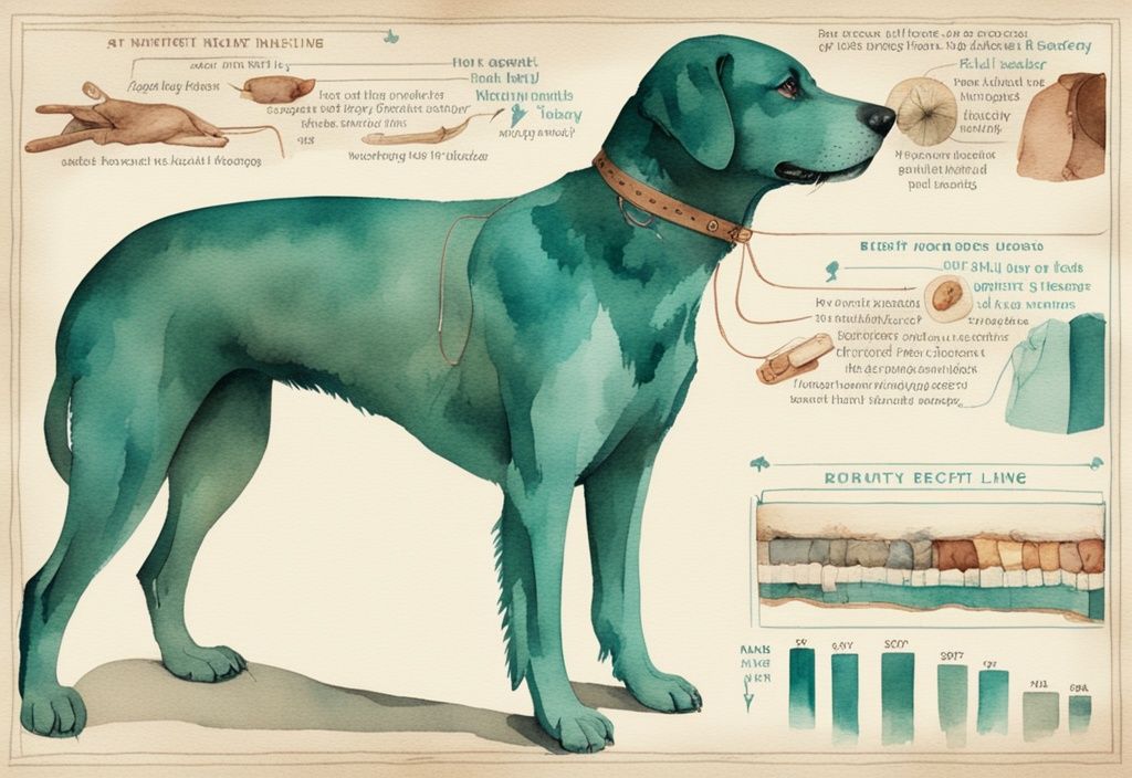 Vintage watercolor illustration of a teal-themed timeline showing a dog's wound healing progression from injury to recovery.