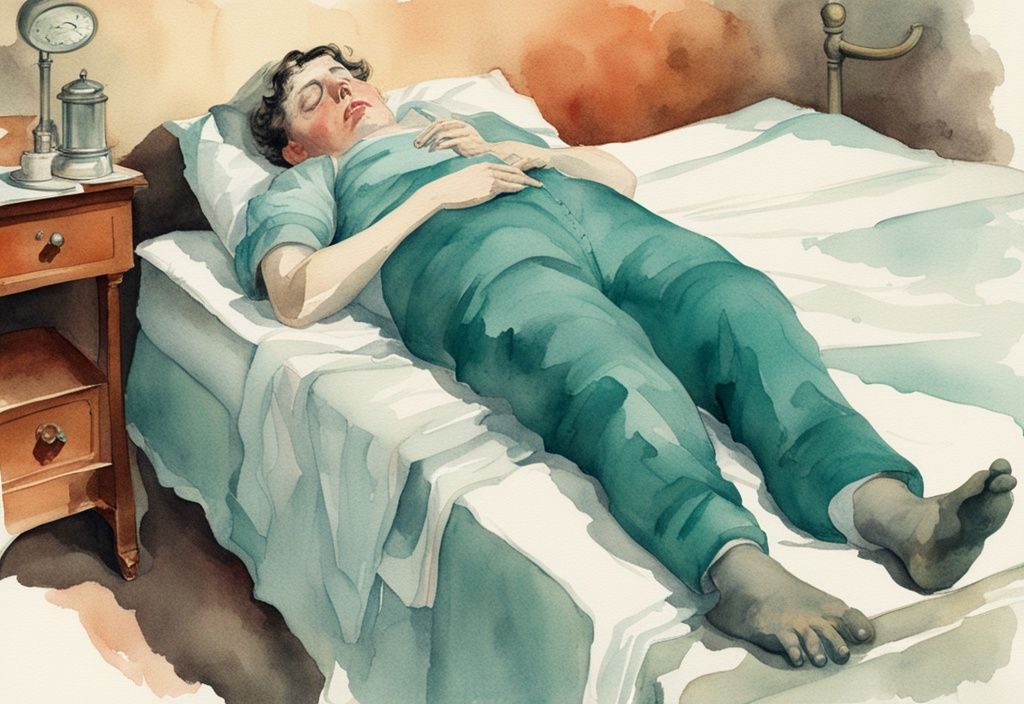 Vintage watercolor illustration of a fatigued person on a bed with a thermometer, bandaged foot showing signs of infection after neutering dog, redness, swelling, and unpleasant odor symbol in teal theme.