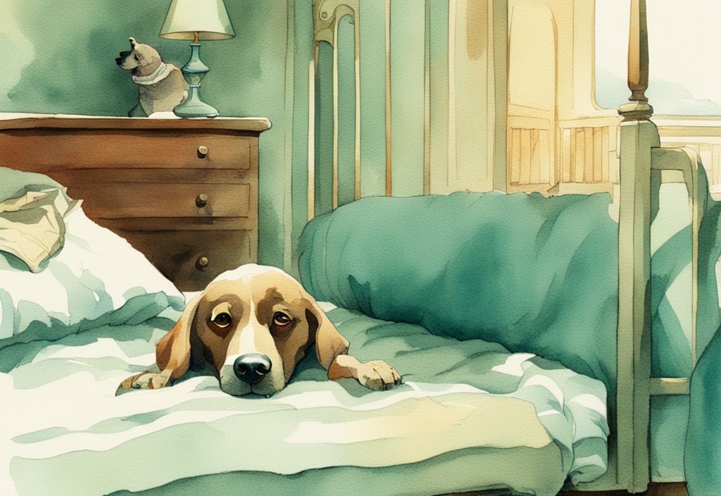 Vintage watercolor illustration of a frightened dog peeking from under a bed with a worried owner, teal color theme.