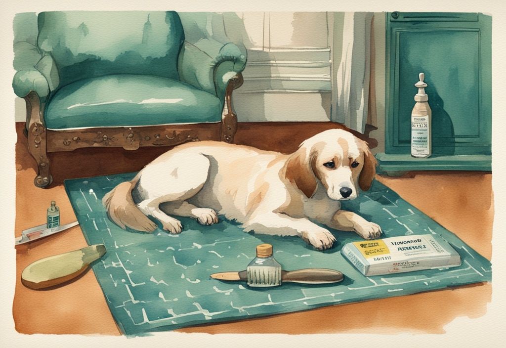 Vintage watercolor illustration of a dog on a rug being brushed by its owner with a special comb, featuring a bottle of homemade anti-shedding remedy, in a teal color theme.