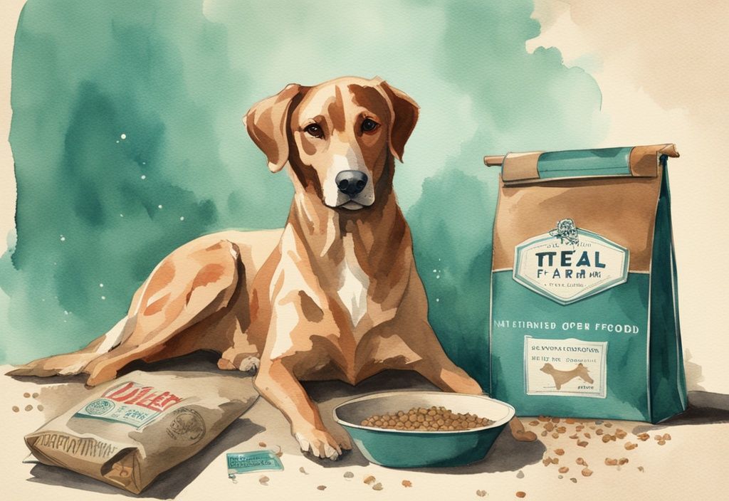 Vintage watercolor illustration of a contented dog beside an open bag of Open Farm dog food, featuring a five-star review graphic, with a teal color theme.