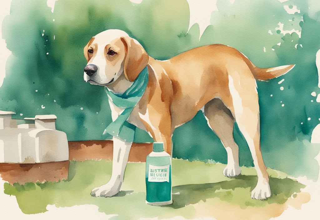 Vintage watercolor illustration of a playful dog in a backyard with a teal color theme, featuring a homemade natural dog anti-itch spray bottle prominently displayed.